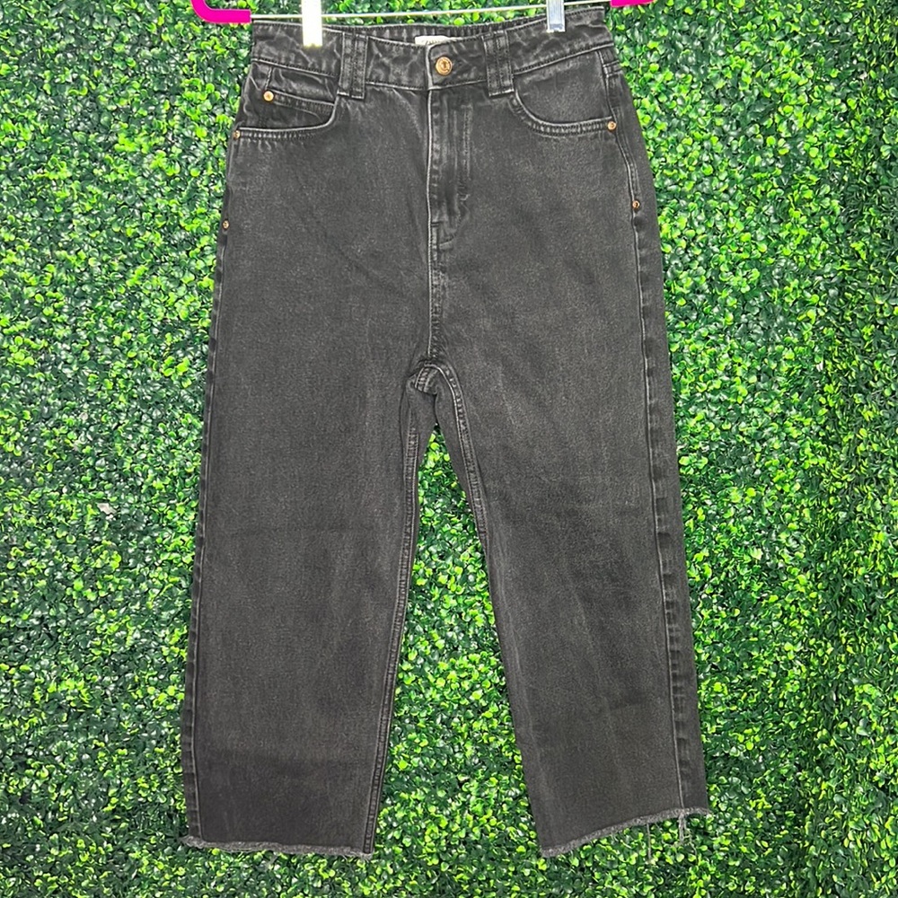 Zara High Rise Wide Leg Raw Hem Cropped Faded Black Jeans Size 4